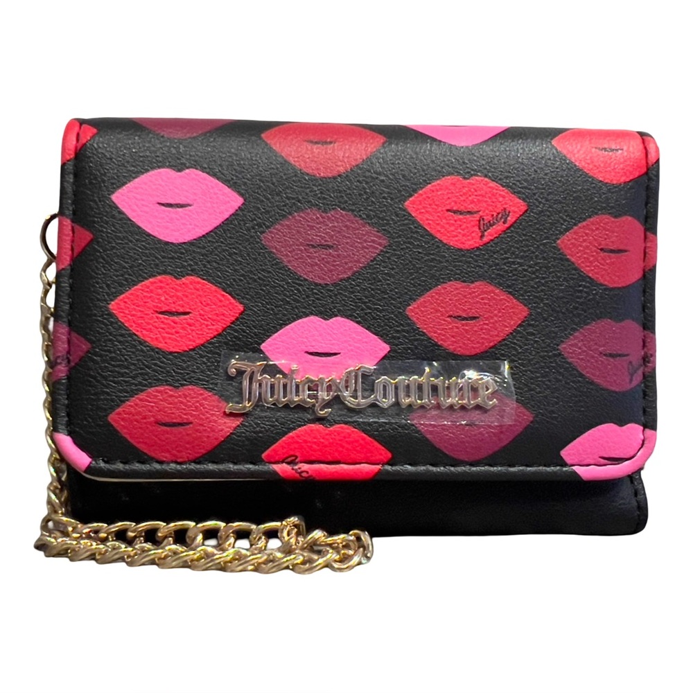 Juicy Couture Black Pink Red Kiss Lip Print Double-Sided Trifold Wristlet Wallet